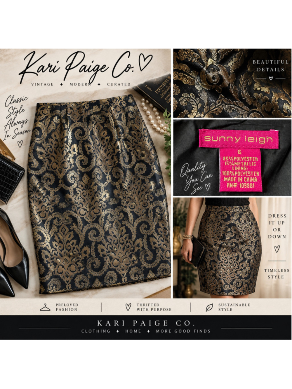 Women's Sunny Leigh Pencil Skirt Size 6 Black Gold Damask Print F26